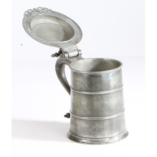 98 - A William & Mary pewter flat-lid tankard, Birmingham, circa 1690

 The relatively slender straight-s... 