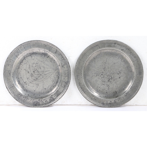 11 - A rare pair of Queen Anne pewter single-reed rim wrigglework marriage plates, circa 1710

 Each rim ... 