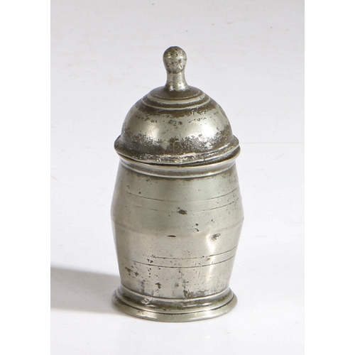 112 - A George II pewter lidded spice pot circa 1730

 Of barrel-shape, the body with paired double linear... 