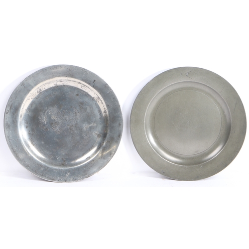 142 - Two early to mid-18th century pewter plain rim plates, Yorkshire, circa 1720-55

 One with hallmarks... 