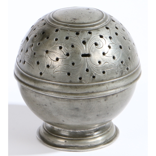 144 - A rare mid-18th century pewter sponge box, circa 1750

 Of typical spherical form, formed in two par... 