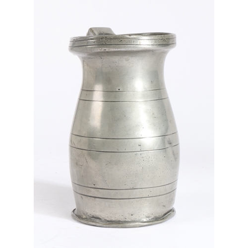 150 - A George III pewter quart lidless baluster measure, North of England, circa 1790

 With three bands ... 