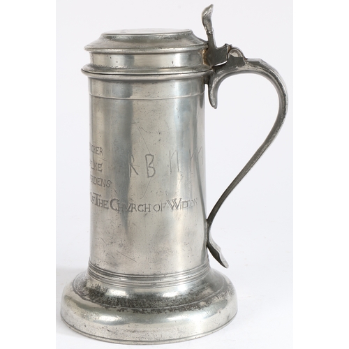 160 - An interesting, documented and large Charles II pewter Beefeater flagon, dated 1683

 The straight-s... 
