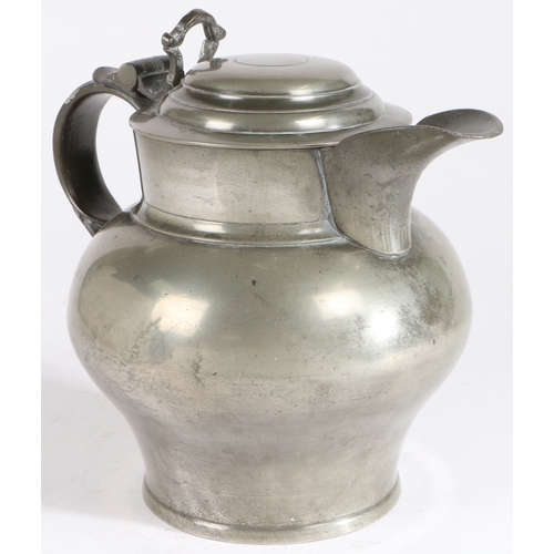 161 - A large George III pewter domed-lidded ale jug, Birmingham, circa 1790-1820

 Having a body of bulbo... 