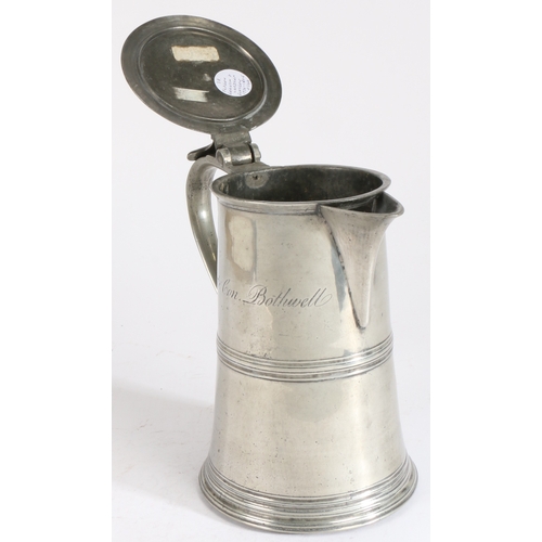 164 - A George III pewter flat-lid spouted flagon, Scottish, circa 1790

 Having a straight-sided tapering... 