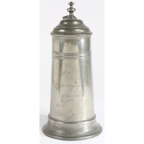 165 - A George III pewter spire flagon, dated 1769

 Having a domed lid with pagoda-type knop, a tear-drop... 