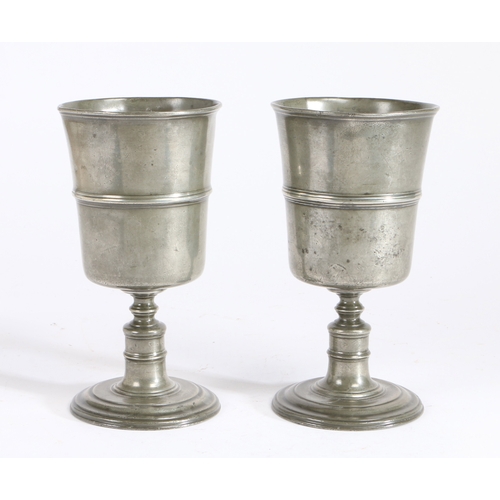 178 - A pair of George II pewter communion cups, circa 1750

 Each having a deep bowl, with mid-fillet and... 