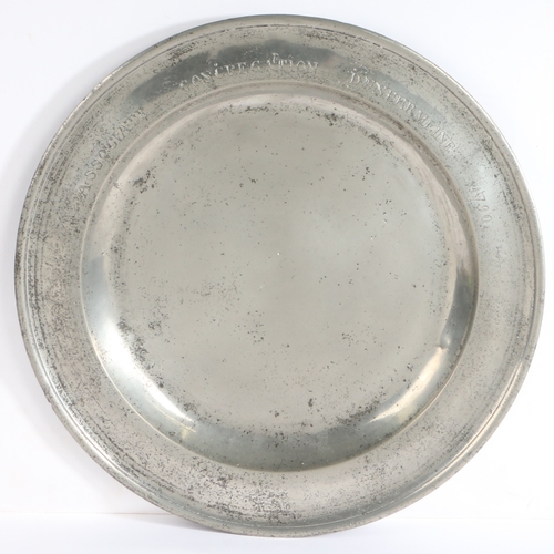 184 - A George III pewter single reed rim dish, Scottish, dated 1790

 The rim engraved ASSOCIATE CONGREG... 