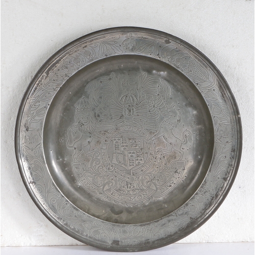 20 - A Charles II pewter single reed and wrigglework decorated dish, Yorkshire, dated 1674

 The well des... 