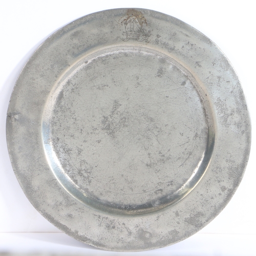 201 - A George II pewter plain rim plate, circa 1740

 The rim engraved with DURHAM MITRE over a coronet, ... 