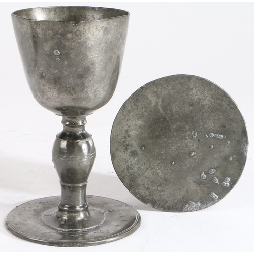 202 - An exceptionally rare Charles I/Commonwealth pewter recusant chalice and accompanying paten, proba... 