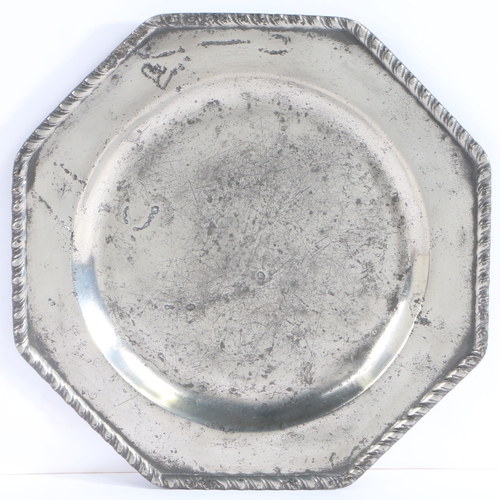 209 - A rare George III pewter octagonal plate, circa 1775

 The rim with applied gadrooned edge, traces o... 