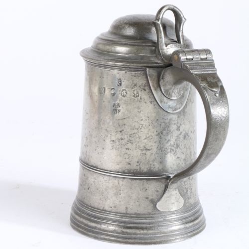 217 - A rare George I/II pewter OEWS quart domed-lidded tankard, circa 1720-30

 The straight-sided taperi... 