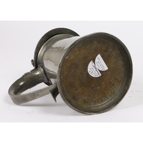 219 - A Queen Anne pewter OEWS quart high domed-lidded tankard, circa 1710

 The straight-sided tapering d... 