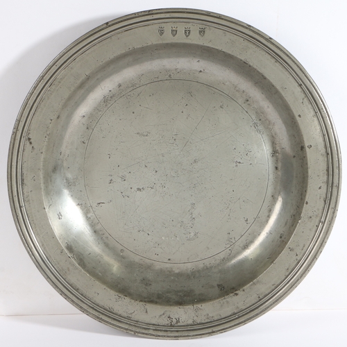 220 - A rare William & Mary pewter multiple-reeded rim dish, Yorkshire, circa 1690

 Having a relatively n... 