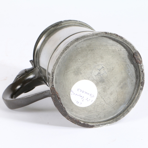 221 - A George III pewter OEAS pint domed-lidded tankard, circa 1800-20

 The straight-sided tapering drum... 