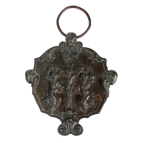 253 - A rare Queen Anne bronze Metalworkers' Guild plaque, dated 1703

 With large loop, atop a winged che... 