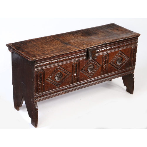 258 - A Charles I oak boarded chest, West Country, circa 1630

 The one-piece top with ovolo-moulded edges... 