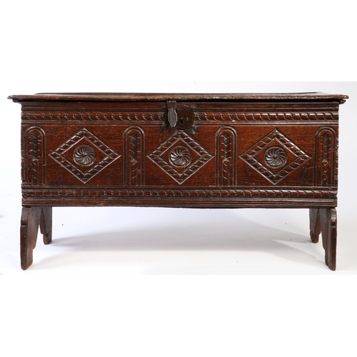 258 - A Charles I oak boarded chest, West Country, circa 1630

 The one-piece top with ovolo-moulded edges... 