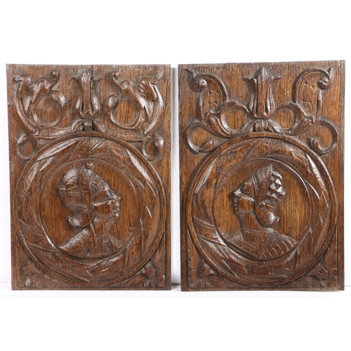 265 - A pair of mid-16th century carved oak Romayne-type panels, circa 1540

 Each with a profile bust, on... 