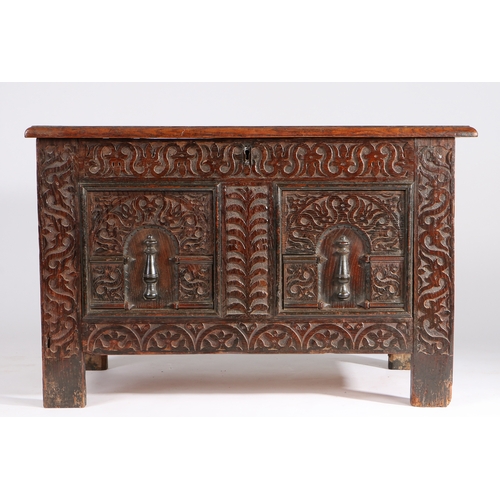 281 - An Elizabeth I oak coffer, West Country, circa 1600

 With triple-panelled hinged top, the front wit... 