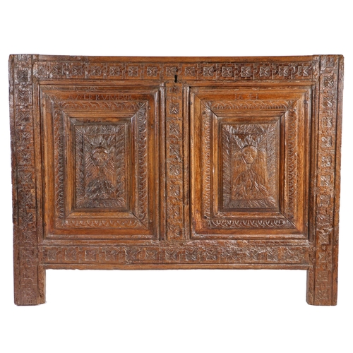 287 - A mid-17th century oak coffer front, named and dated 1641, Breton, France, possibly Tregor,

 Having... 