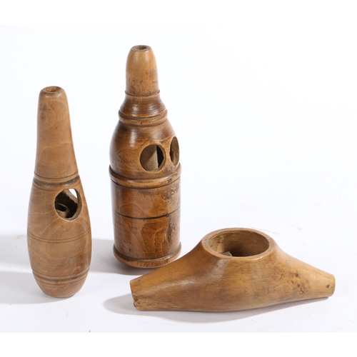 288 - Three unusual 19th Century treen bird calls

 The largest 11cm long, (3)