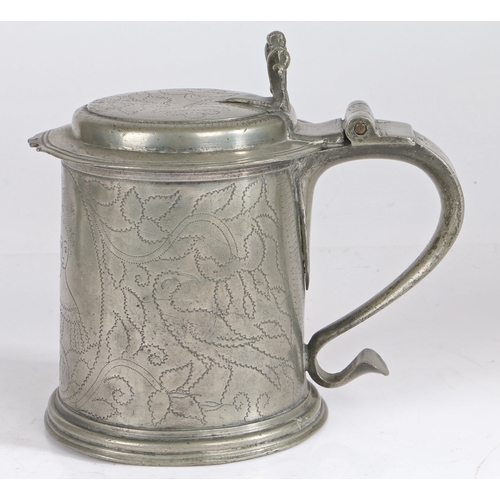 31 - A very rare William & Mary Royal commemorative double-portrait pewter wrigglework flat-lid tankard, ... 