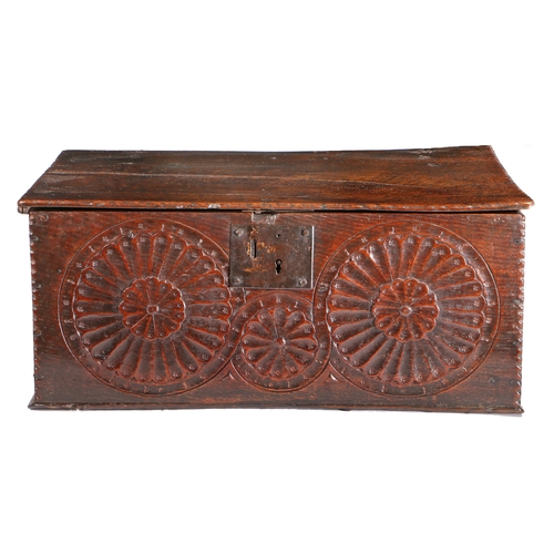 312 - A good Charles I boarded oak box, West Country, circa 1640

 Having an impressive one-piece top with... 