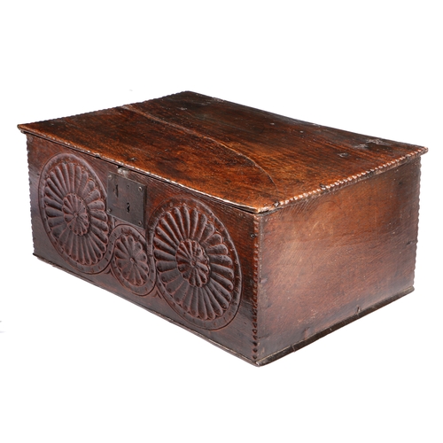 312 - A good Charles I boarded oak box, West Country, circa 1640

 Having an impressive one-piece top with... 