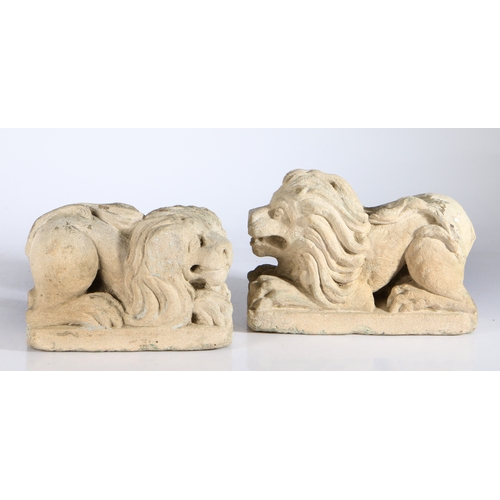 338 - An interesting pair of late 16th century limestone carved recumbent lions, circa 1600

 Each with op... 