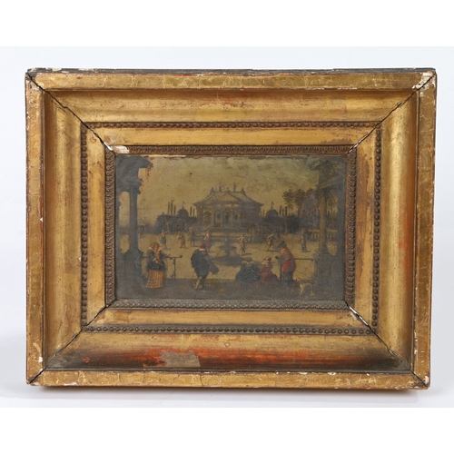 350 - A 17th Century oil on copper panel depicting an Italianate square with fountain and figures in Eliza... 