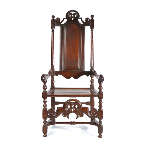 373 - A good William & Mary joined oak open armchair, circa 1690

 The part open back with arched-fielded ... 