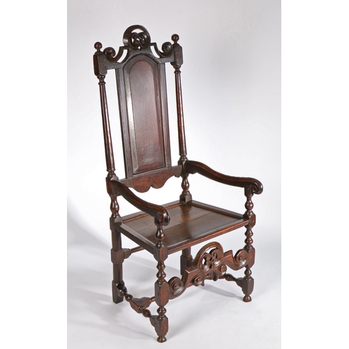 373 - A good William & Mary joined oak open armchair, circa 1690

 The part open back with arched-fielded ... 