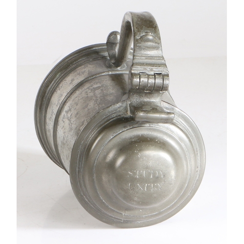 38 - Wool Guild, Norwich : A rare and fine George II pewter double domed-lidded straight-sided and engrav... 