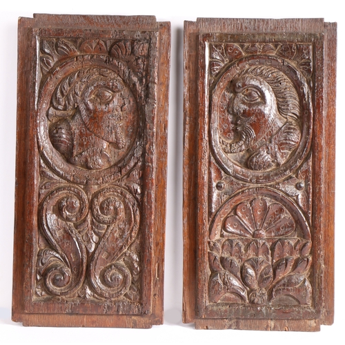 382 - A pair of 16th century oak Romayne-type panels, circa 1530

 Each carved, in high relief, with a pro... 