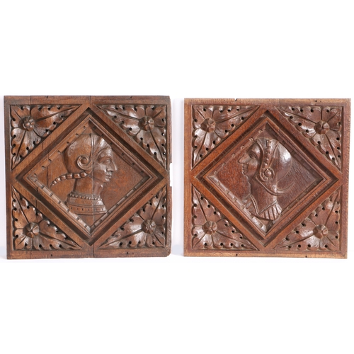 383 - A pair of Henry VIII oak Romayne-type panels, circa 1530

 One carved with a male bust profile, wear... 