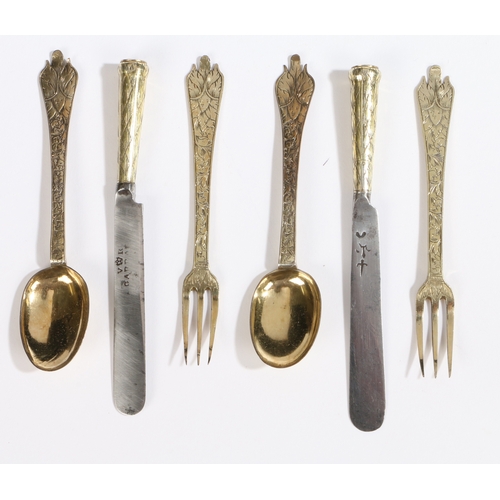 388 - Rare Charles II silver-gilt cutlery; comprising two knives, forks and spoons, circa 1680

 Each knif... 