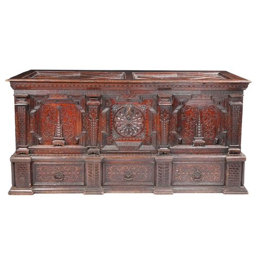 390 - A good mid-17th century pine/cedar chest, ornately carved, stained and dated 1648

 Of show dove-tai... 