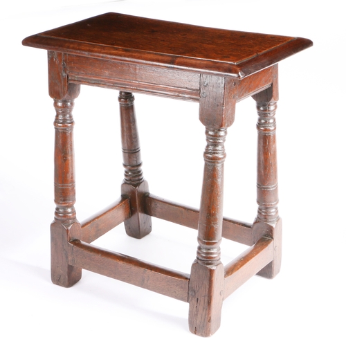 394 - A Charles II oak joint stool, circa 1660 and later

 Having an ovolo-moulded top, lower edge-moulded... 