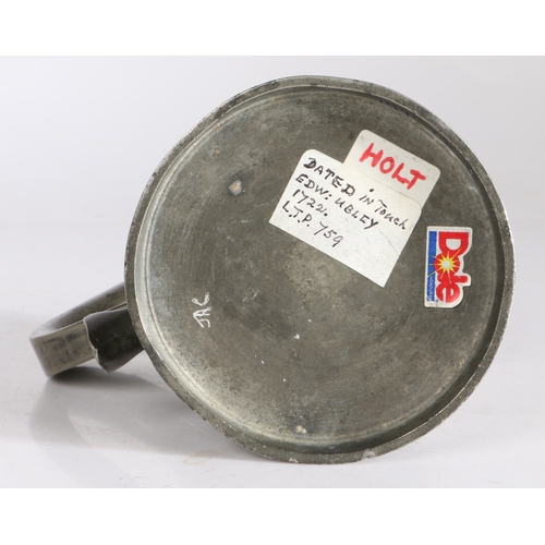 43 - A rare George I pewter straight-sided pint mug, circa 1725

 With raised low band to tapering drum, ... 