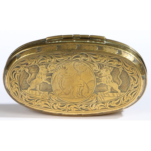 482 - A late 18th century brass engraved tobacco box, circa 1780

 Of oval form, the hinged lid centred wi... 