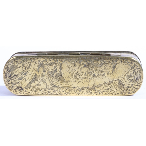 483 - A mid-18th century brass engraved tobacco box, Dutch, circa 1750

 Of rounded-rectangular form, the ... 