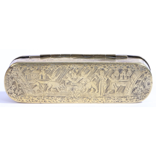 483 - A mid-18th century brass engraved tobacco box, Dutch, circa 1750

 Of rounded-rectangular form, the ... 