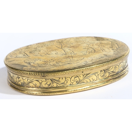 484 - An early 18th century engraved brass erotic tobacco box, Dutch, circa 1700-20

 Of oval form, the ... 