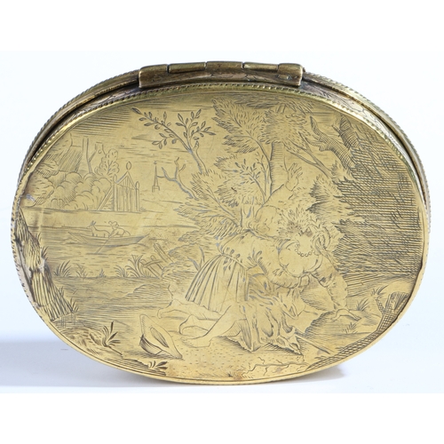 484 - An early 18th century engraved brass erotic tobacco box, Dutch, circa 1700-20

 Of oval form, the ... 