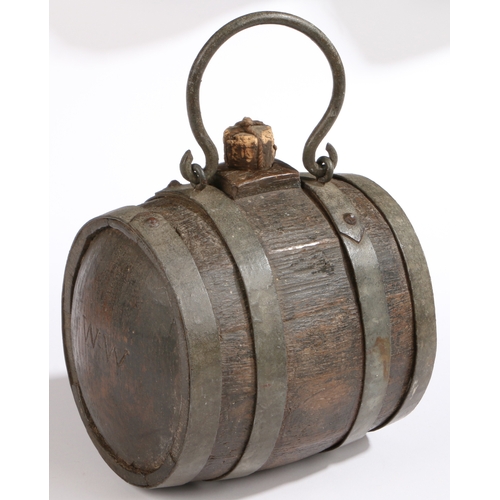 485 - A staved oak and iron-bound costrel, English, circa 1800-40

 Of barrel-form, with raised bung hole,... 