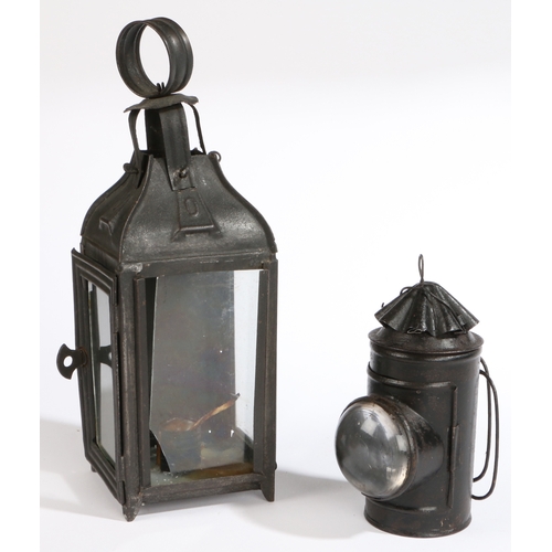 510 - Two Victorian sheet iron lanterns, circa 1880

 One of rectangular hand or pendant form, with glass ... 