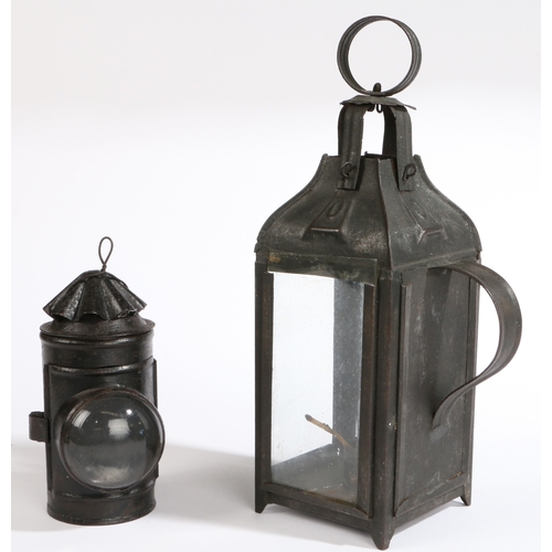 510 - Two Victorian sheet iron lanterns, circa 1880

 One of rectangular hand or pendant form, with glass ... 