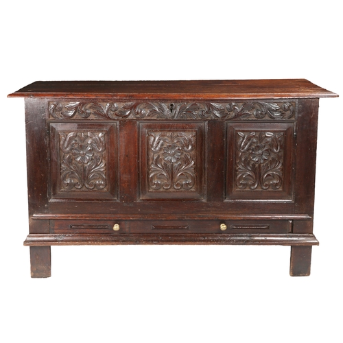 515 - A Charles II oak coffer with drawer, Lancashire, circa 1670

 Having a triple boarded hinged lid wit... 